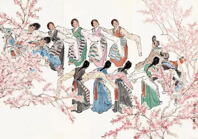 葉淺予高原之春紙本設(shè)色211cm×98cm、211cm×105cm、211cm×98cm1964年